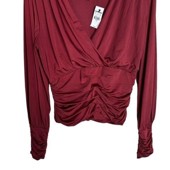 Express Silky V-Neck Ruched Top Burgundy Women’s Size Small - Picture 4 of 10